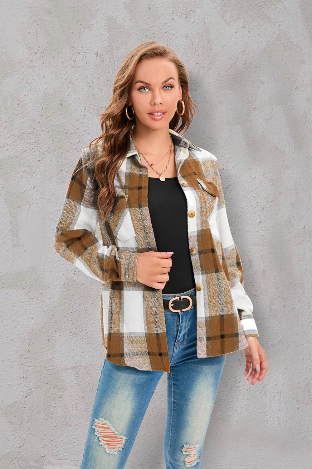 Popular Jacket Long Sleeved Plaid Button Shirt Top for Women