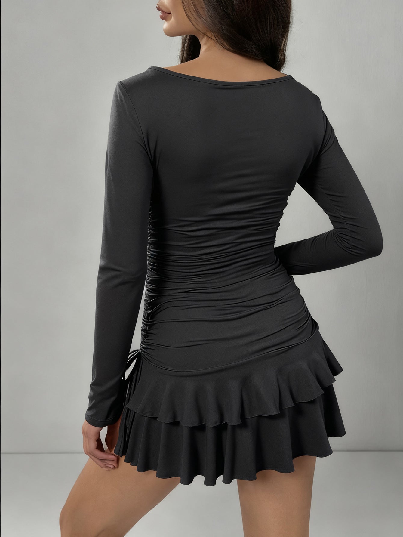 Sexy Slim Long Sleeve Tiered Dress Drawstring Graceful Fashionable Women Short Dress