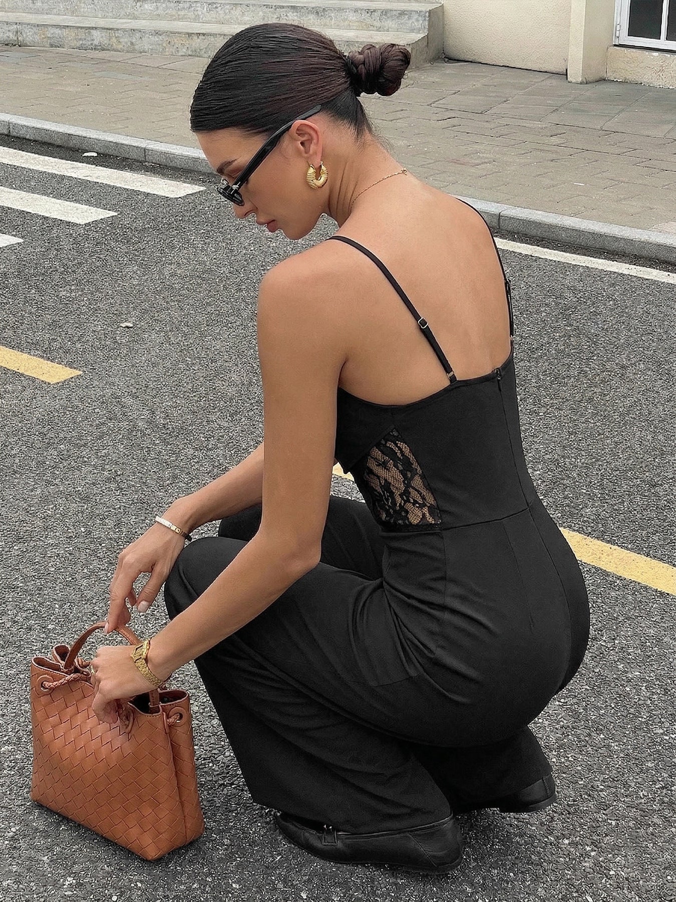 Sexy Wind Black Strap Lace Fitted Waist Jumpsuit