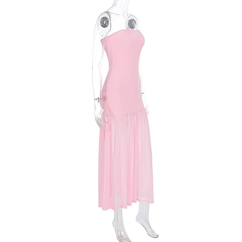 Summer Women Clothing Sexy Elegant Stitching Mesh Tube Top Slimming Dress