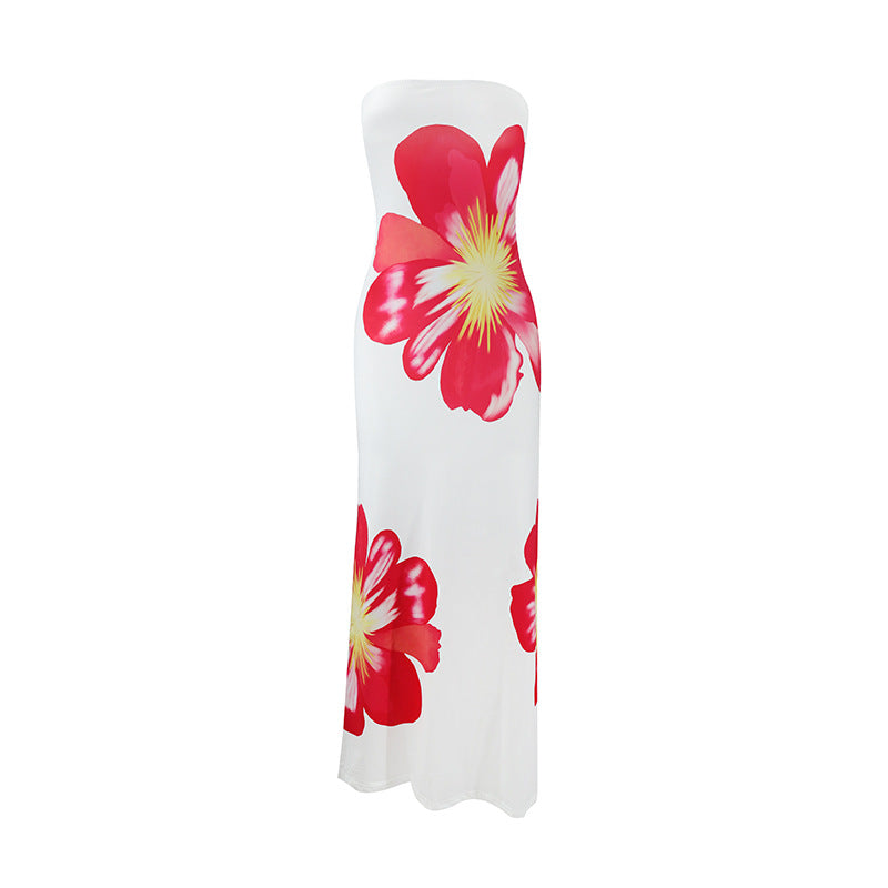 Summer Women Casual Tube Top Printed Long Vacation Dress