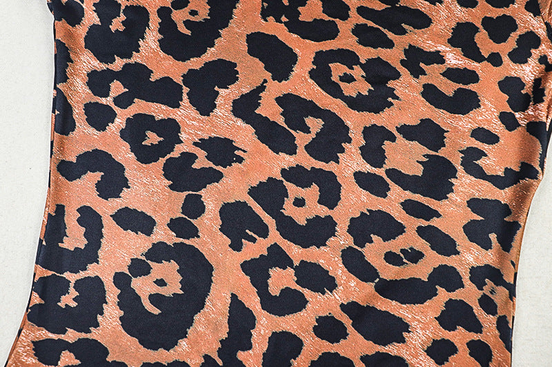 Personality Women Printed Wear Street Office Leopard Print Skinny Jumpsuit Short Sleeve Slim Jumpsuit