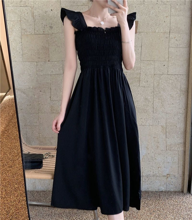 Summer French Flying Sleeve Pleated Waist Tight Dress Hepburn Square Collar Tea Break Midi Dress