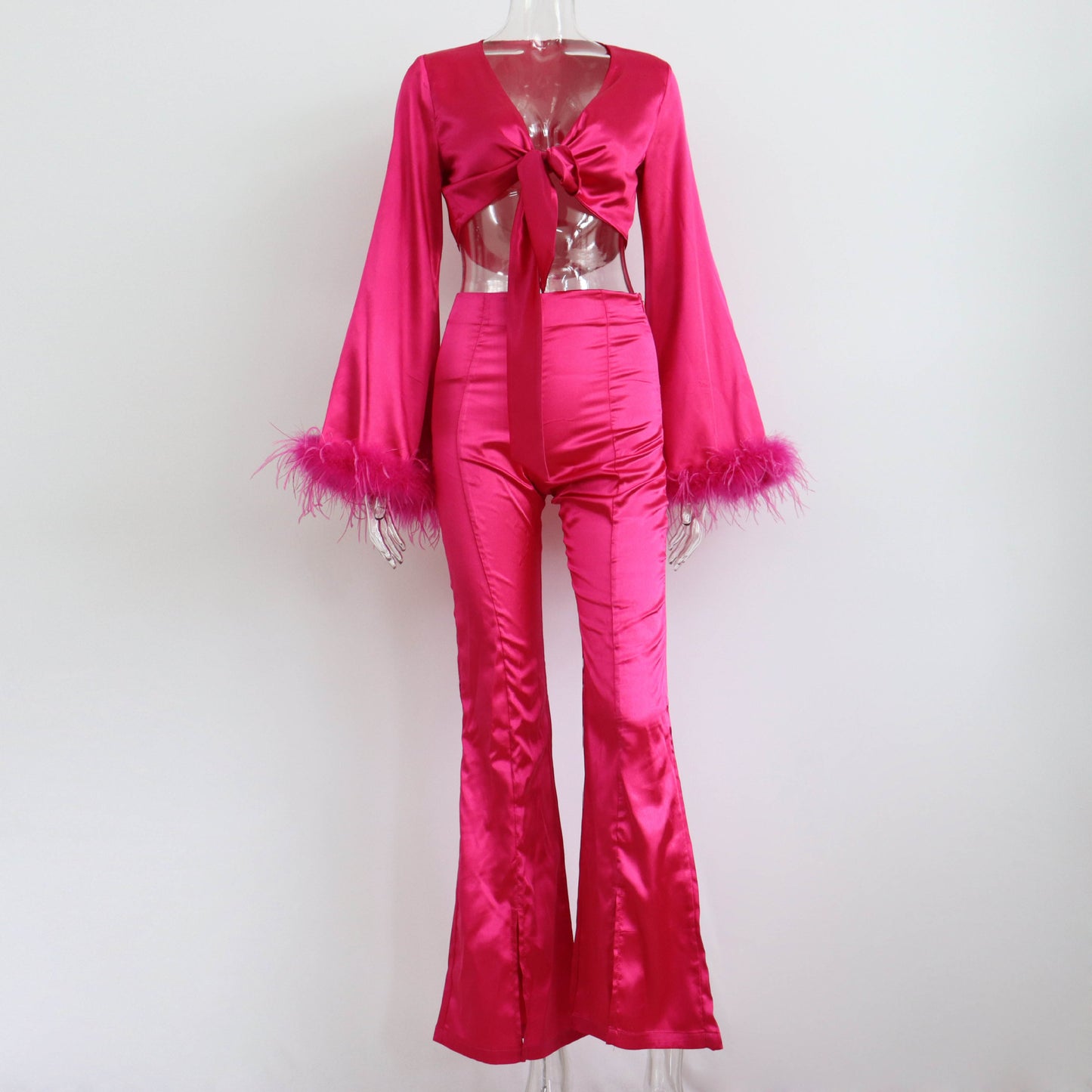 Satin Set Feather V neck Patchwork Sexy Lace up Short Top Hip Skirt Slit Casual Pants