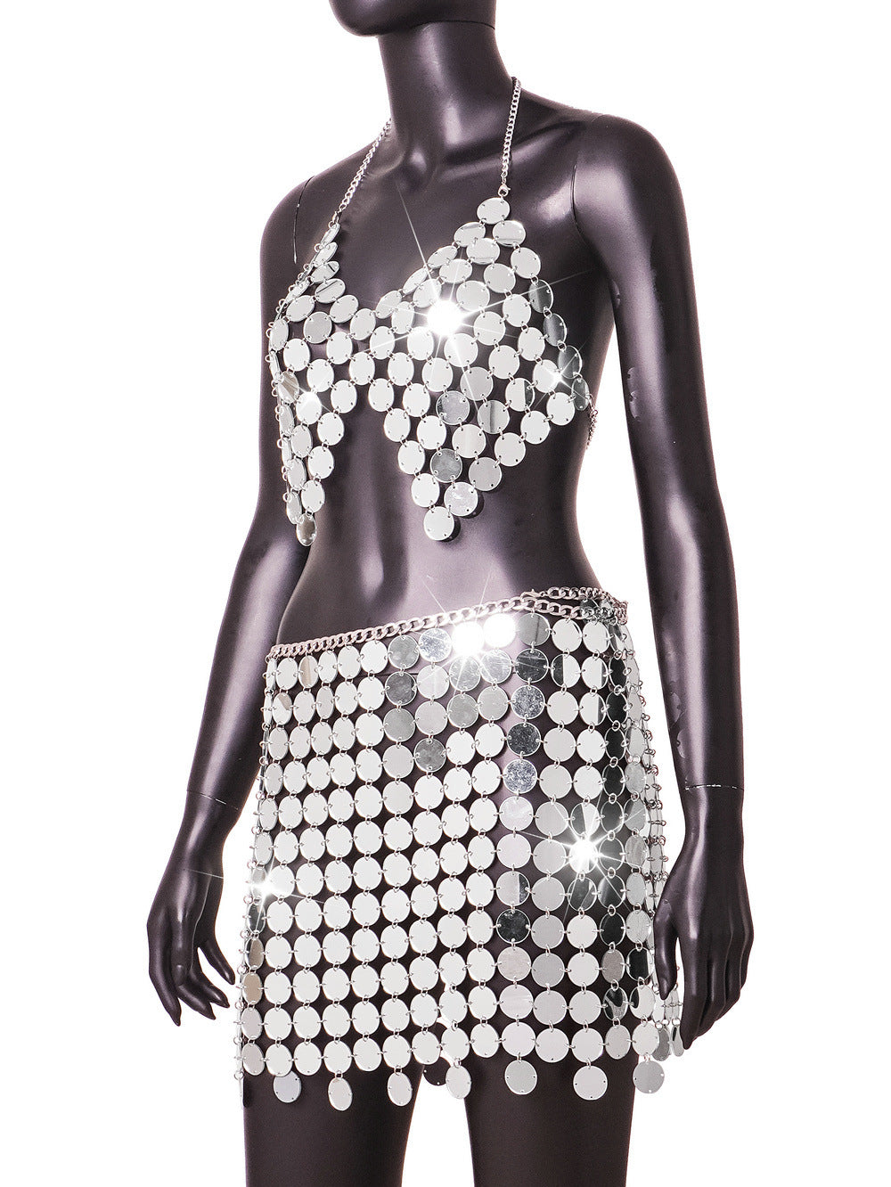 Sexy Nightclub Mirror Flash Color Backless Women Skirt Set