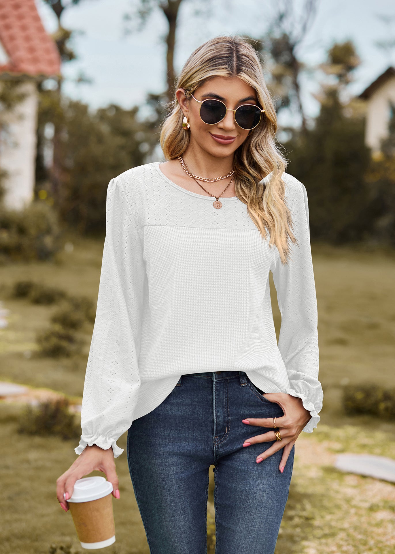 20Autumn Winter Patchwork round Neck Loose Long Sleeves Casual T shirt Top for Women