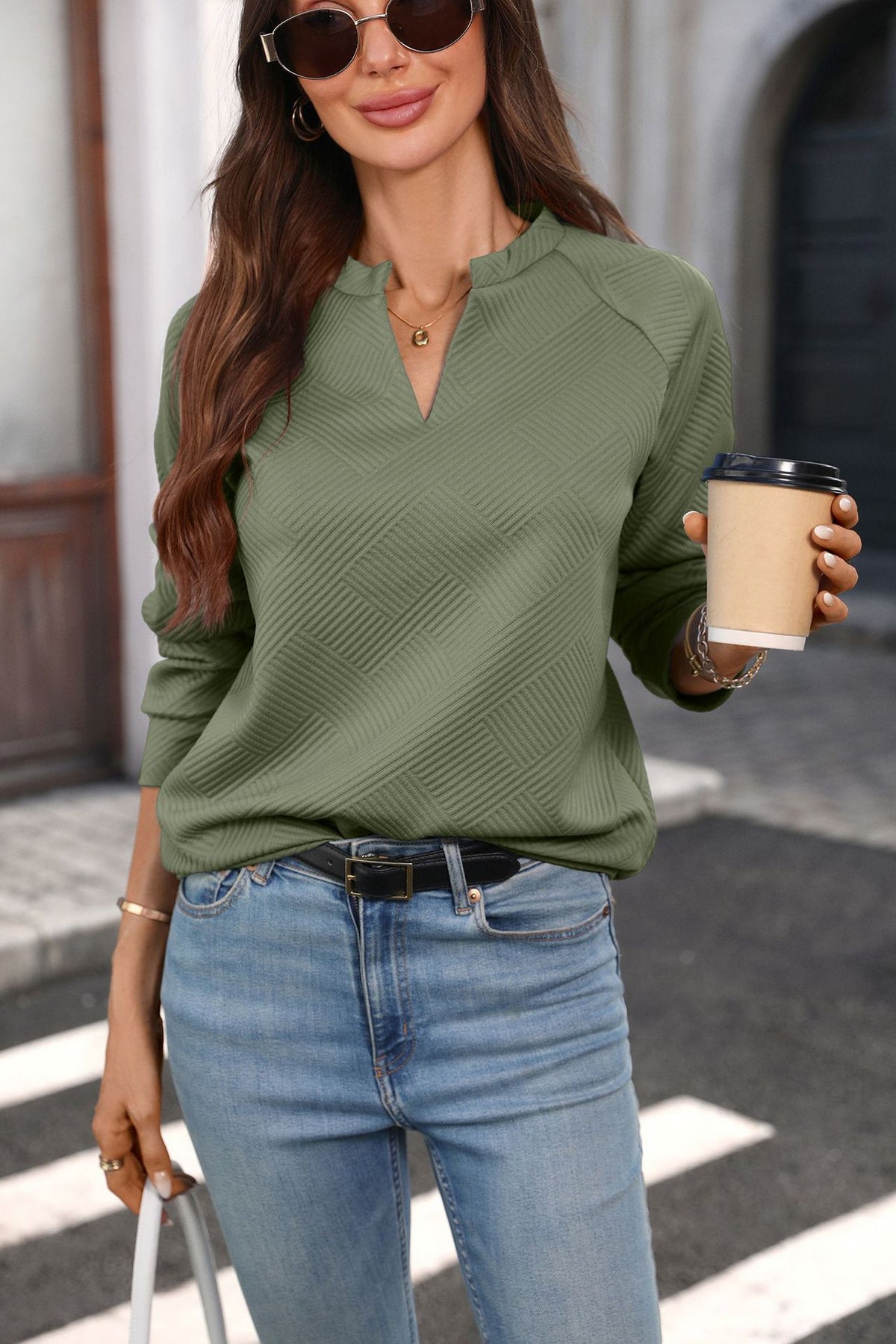 Autumn Winter Solid Color V neck Loose Long Sleeve Sweatershirt Plaid Top Women