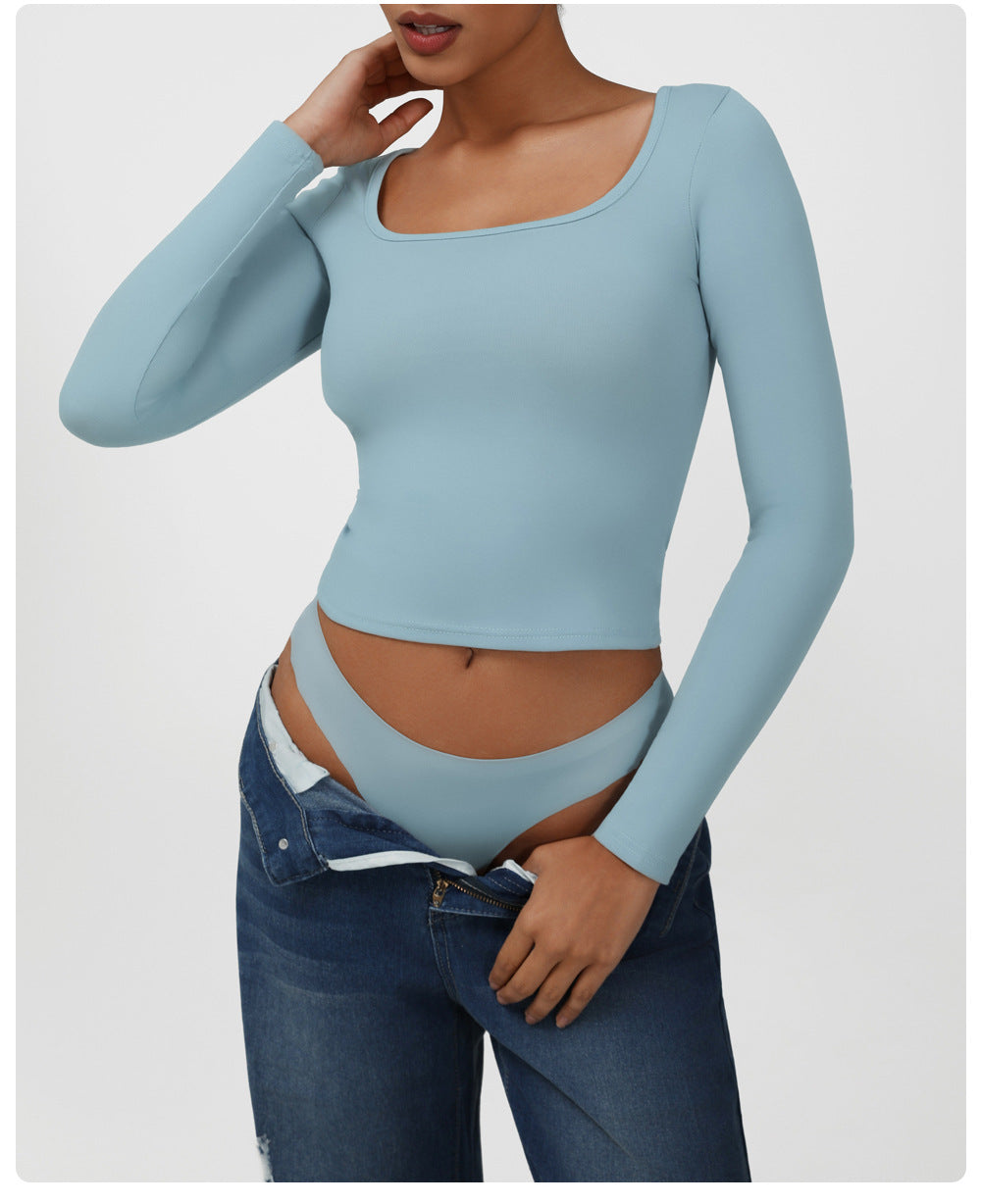 High Elastic Tight T shirt Casual Sports Top Square Collar Sexy Solid Color Long Sleeve Yoga Jacket