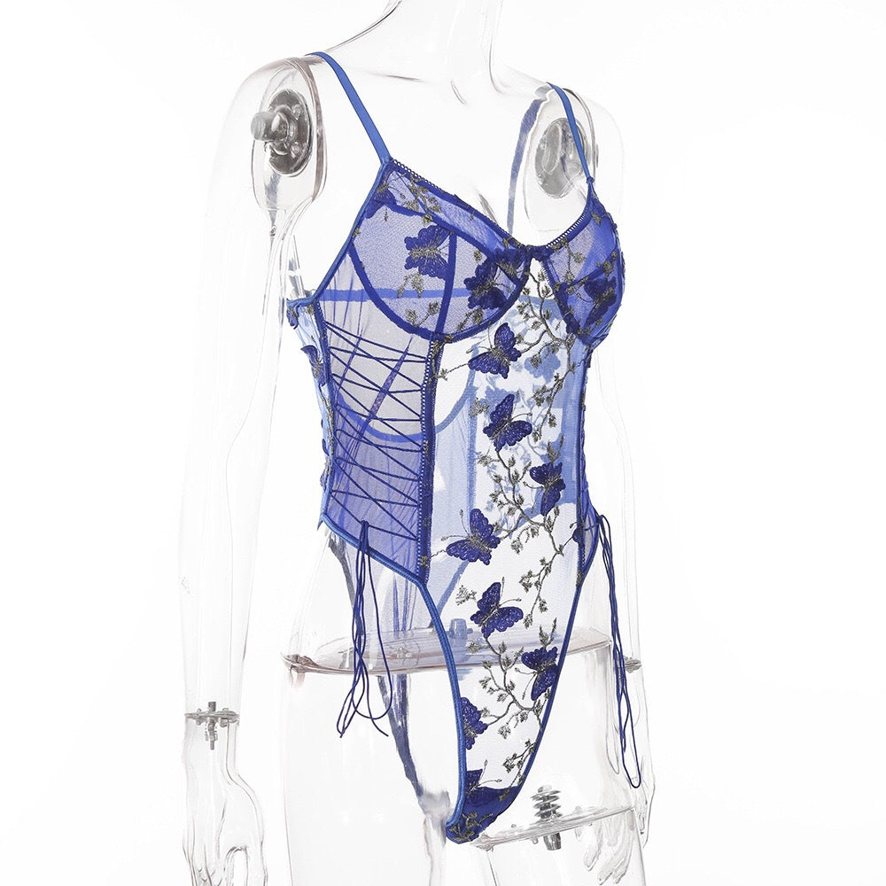 Sexy Lingerie Classic Embroidered Mesh Lace up Criss Cross Nipped-Waist New Jumpsuit