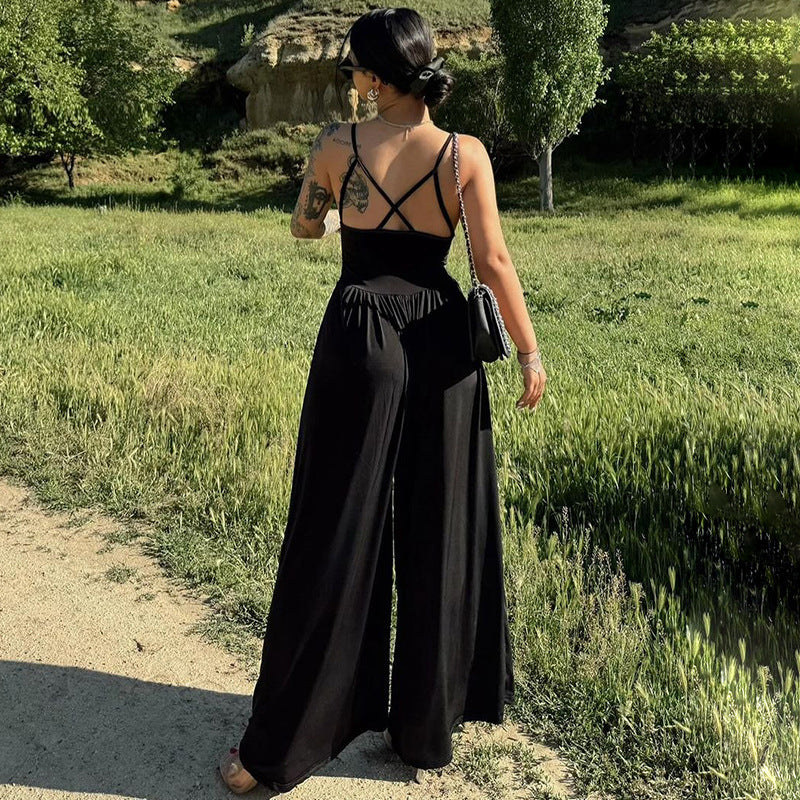 Women Summer Sexy Backless Spaghetti Straps Loose Jumpsuit