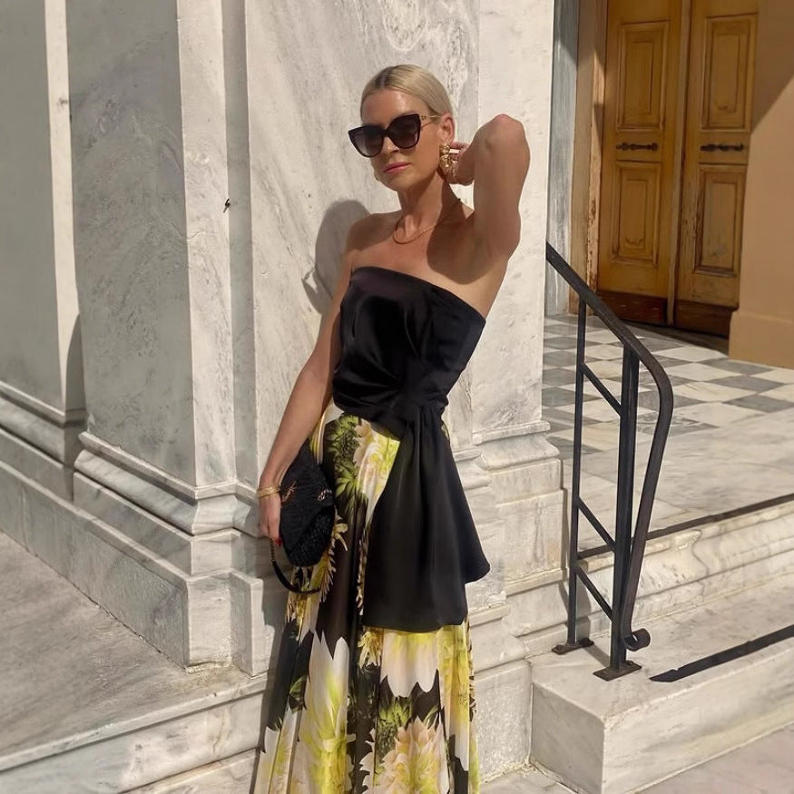 Women Summer Sexy Bandeau Top Printing Big Hem Skirt Set