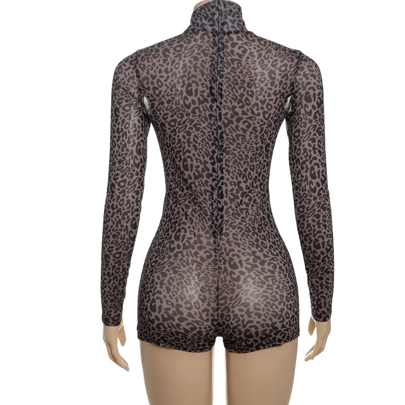 Summer Women Clothes Sexy Half Turtleneck Leopard Print Slim Slimming Sheath Jumpsuit