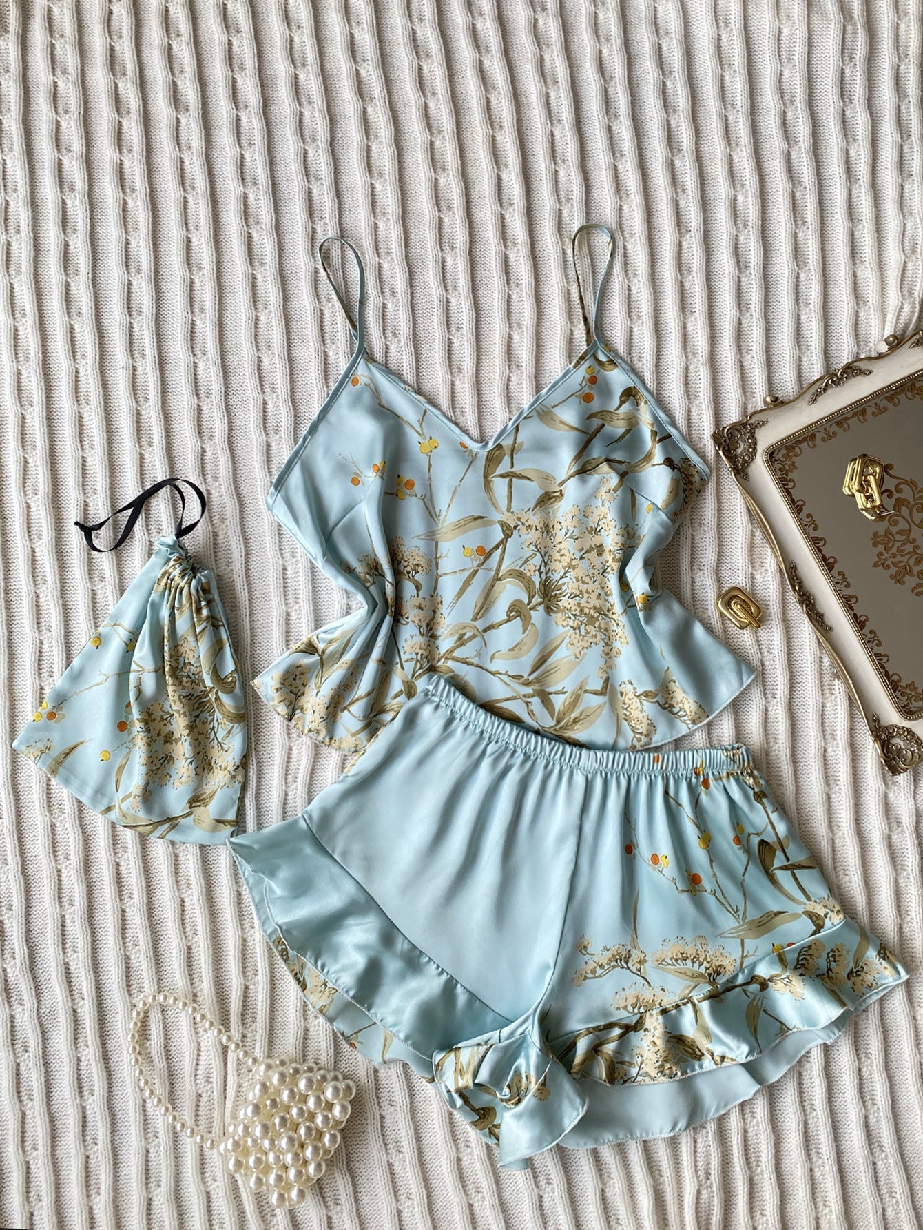 Spring Summer Imitated Silk Pajamas Two-Piece Printed Shorts Home Wear Suit Sexy Sling Dress