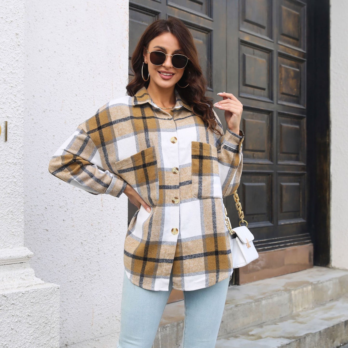 Plaid Coat Women Long Sleeve Mid Length Woolen Shacket Autumn Winter Women Clothing