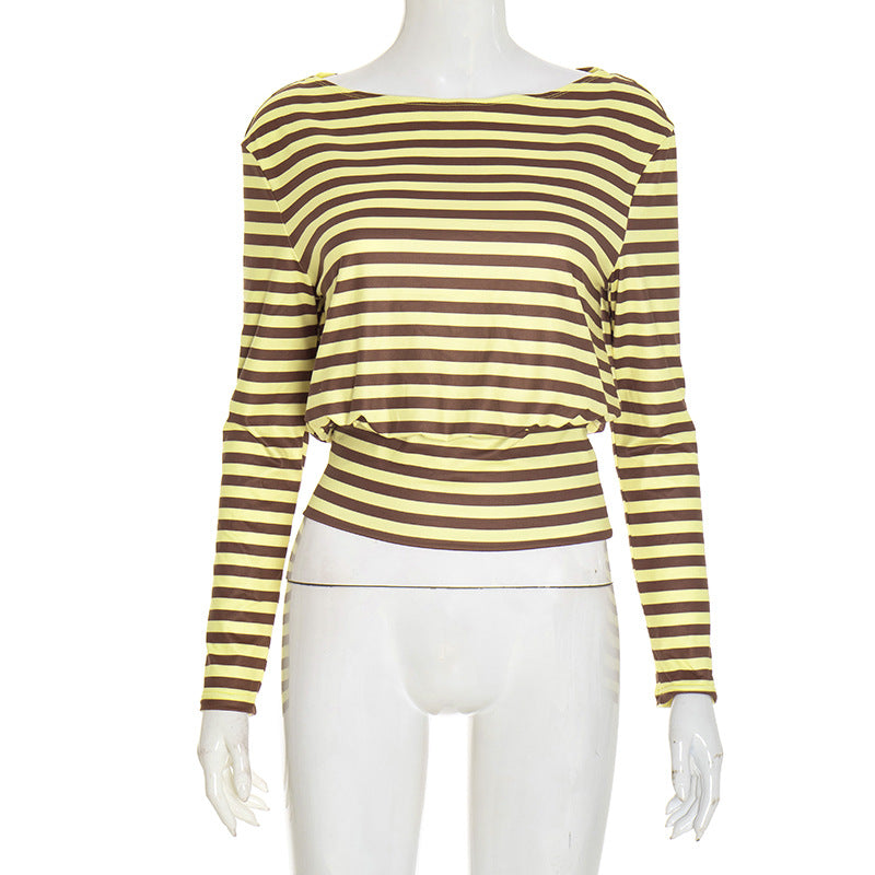 Women Clothing Autumn Winter Casual Striped Personality Minimalist Long Sleeve Waist Controlled Top