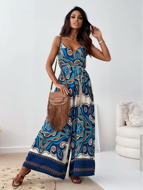 Women Clothing Summer Positioning Floral V neck Brace One Piece Wide Leg Pants with Belt