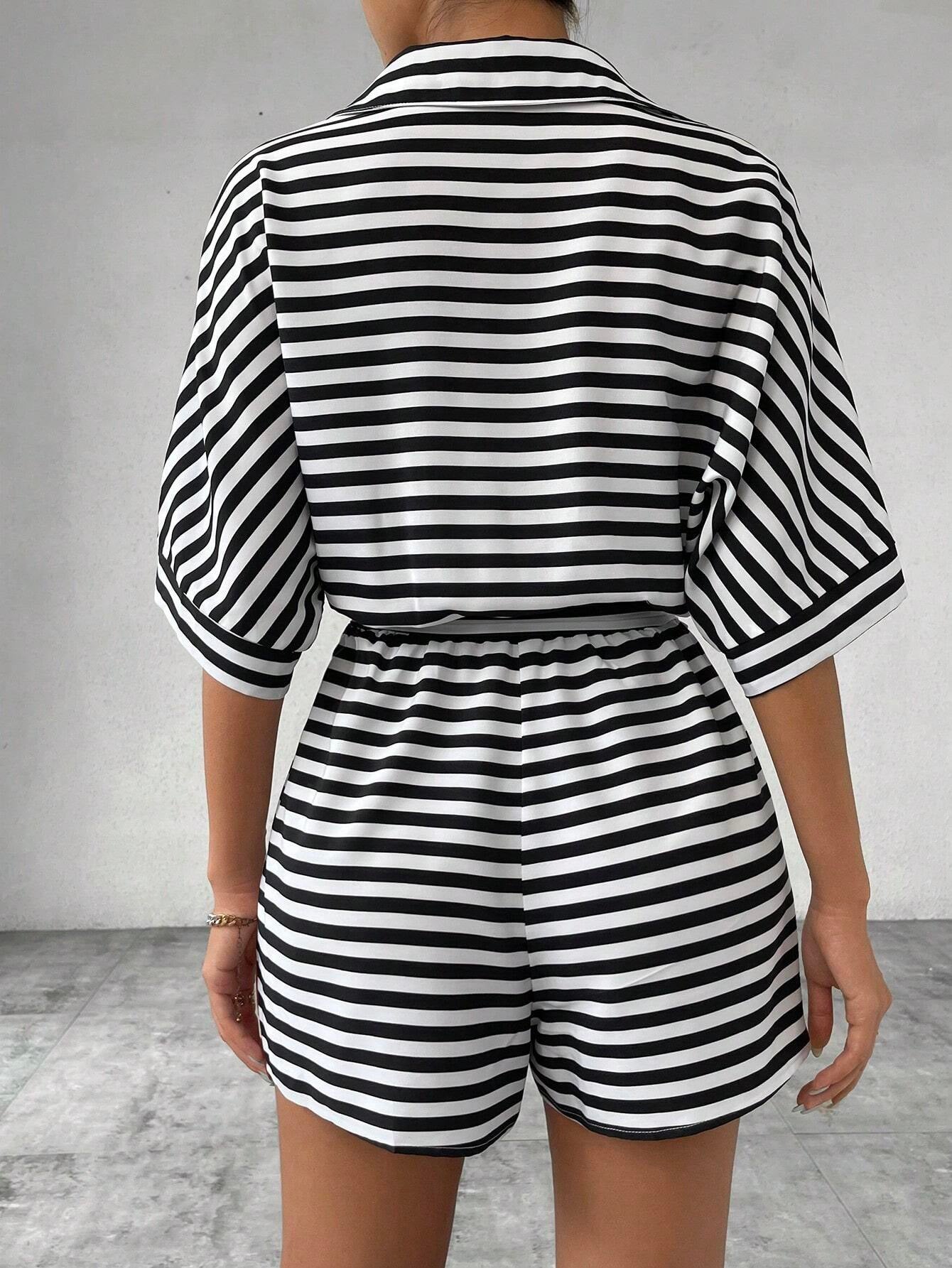 Summer Women Clothing Striped Collared Cardigan Button Half Sleeve Shorts Jumpsuit