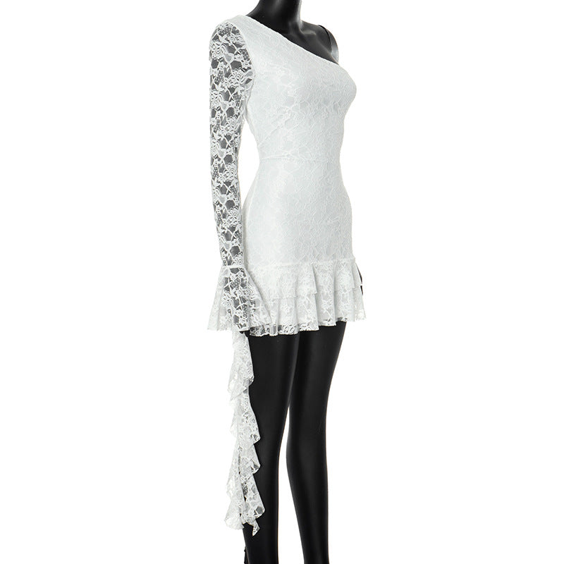 Women Autumn Shoulder Sleeve Ruffles Streamer Long Sleeve Short Dress