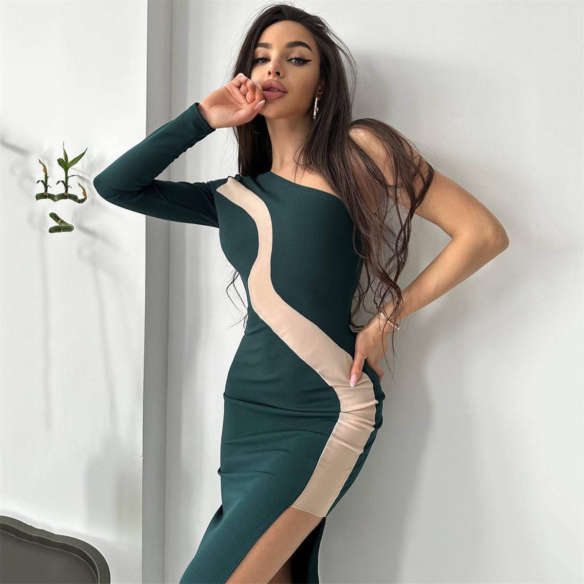 Sexy Women Clothing Diagonal Collar Single Sleeve Dress Women Mesh Stitching Sexy Slit Midi Dress Women