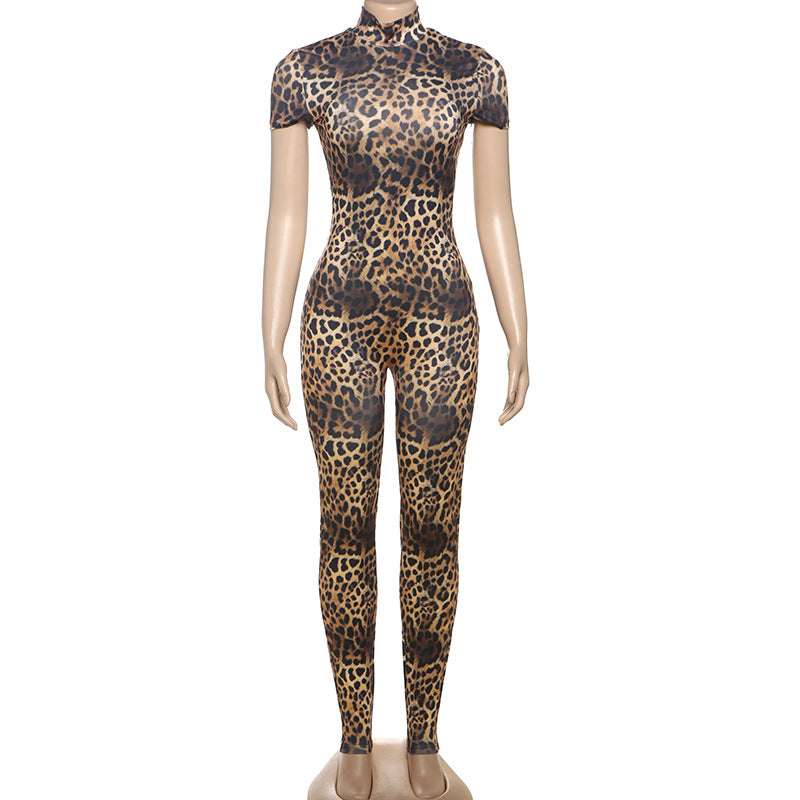 Spring Sexy Backless Skinny Personalized Printed Short Sleeved Jumpsuit Women Clothing