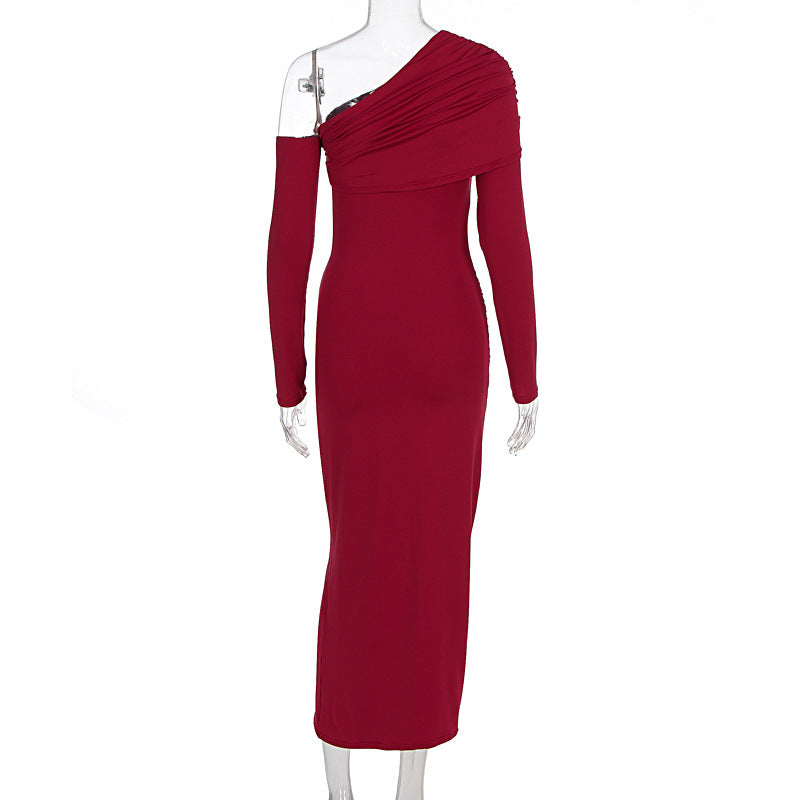 Autumn Elegant Women Single Shoulder Solid Color Long Sleeve Slim Fit Sexy Sheath Pleated Dress