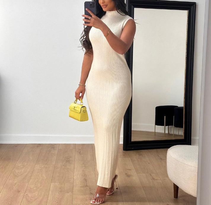 Women Clothing Summer Casual Knitted Sleeveless Round Neck Dress Women