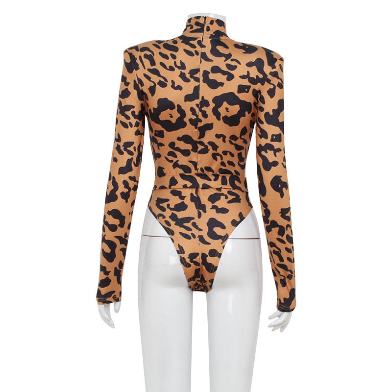Women Clothing Half High Collar Long Sleeves Sexy Cutout Leopard Print Slimming Sexy Jumpsuit