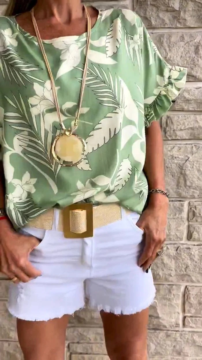 Short Sleeved T shirt Summer Leaf Printed Ruffle Sleeve Short Sleeved T shirt