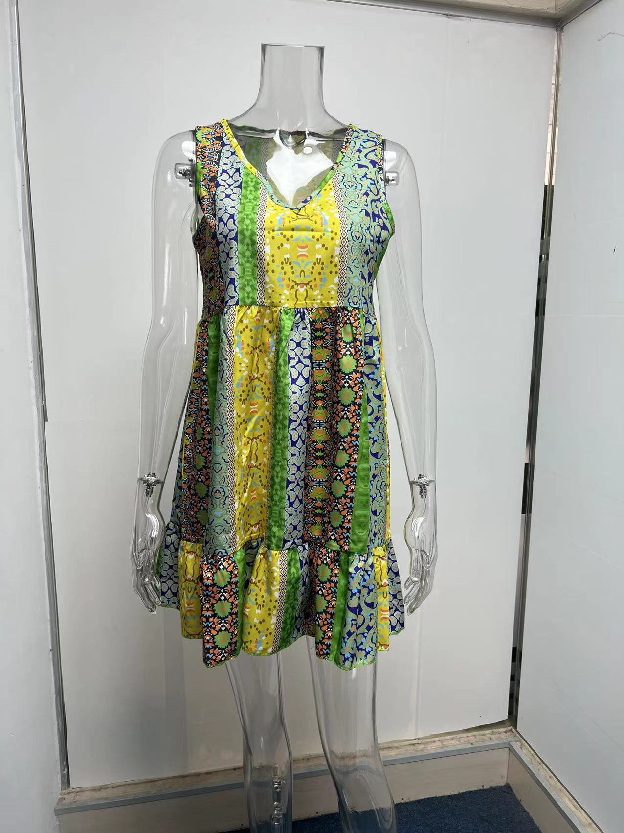 Summer Floral Patchwork Ruffled V Neck Sleeveless Mini Dress