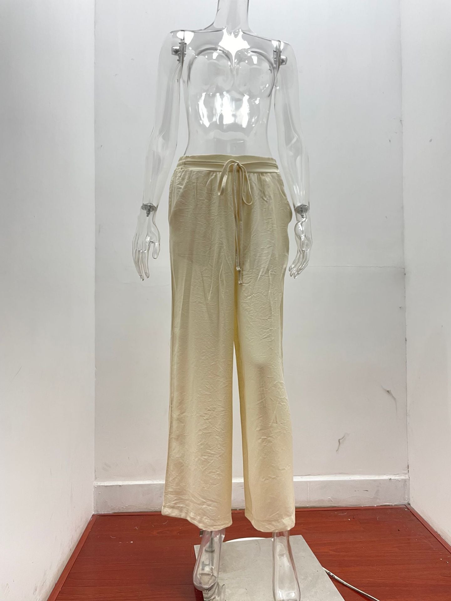 Summer Women High Waist Casual Trousers Solid Color Elastic Waist Lace-up Loose Wide-Leg Pants Women