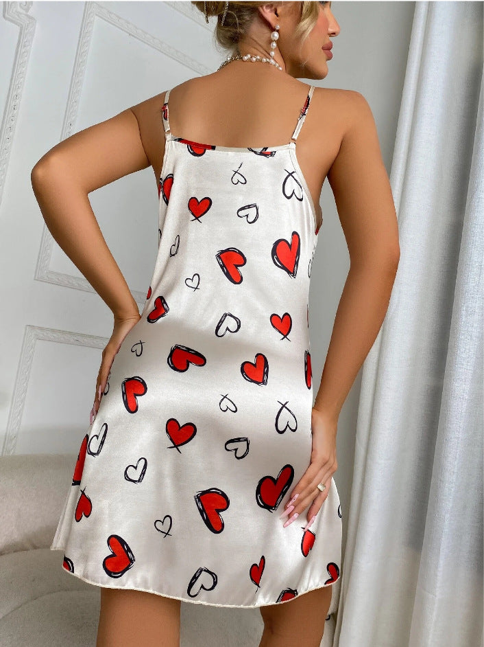 Women Ice Silk Strap Night Dress Sexy Backless Pajamas Women Thin Breathable Printed Suspender Dress