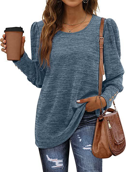 Women Autumn Winter Loose Casual Puff Sleeve Round Neck Long Sleeve T shirt