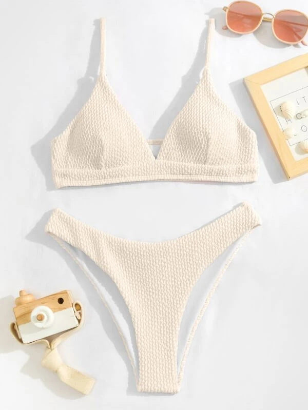 Women Seperated Swimwear Sunken Stripe Solid Color Sexy Bikini Swimsuit