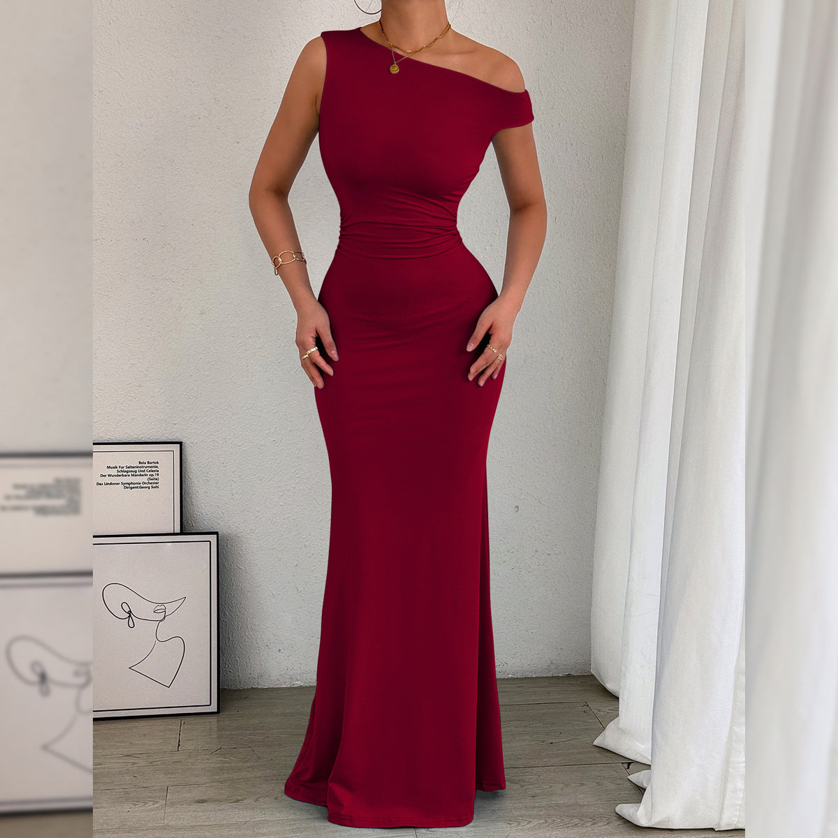Women Fishtail Dress Slant Shoulder Collar Waist Pleated Sleeveless Sexy Dress