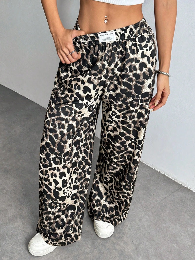Women Winter Leopard Print Casual Pants Loose Elastic Waist Printed Wide Leg Trousers