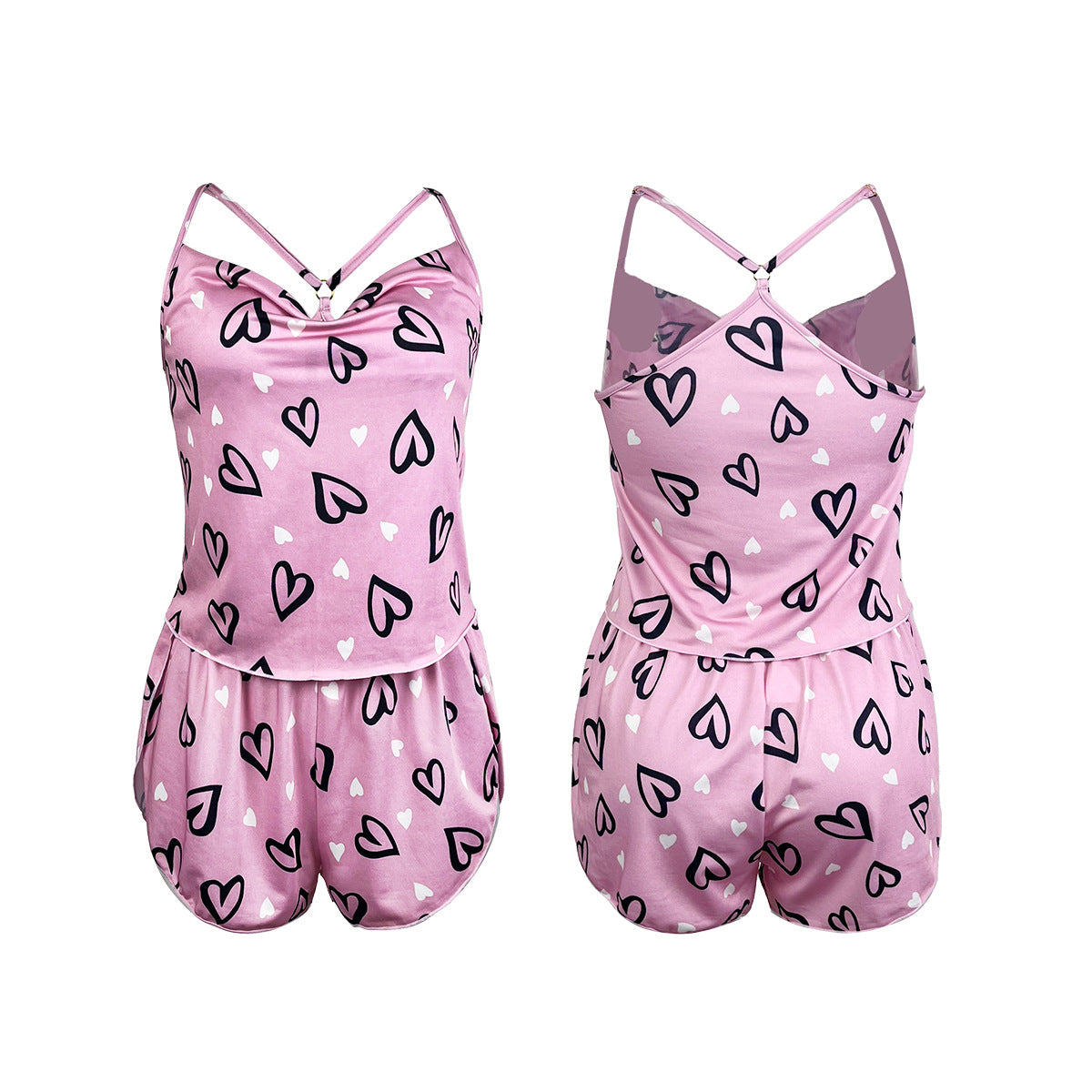Sweet Loving Heart Printed Skin Friendly Pajamas Women Sexy Suspender Shorts Two Piece Home Wear