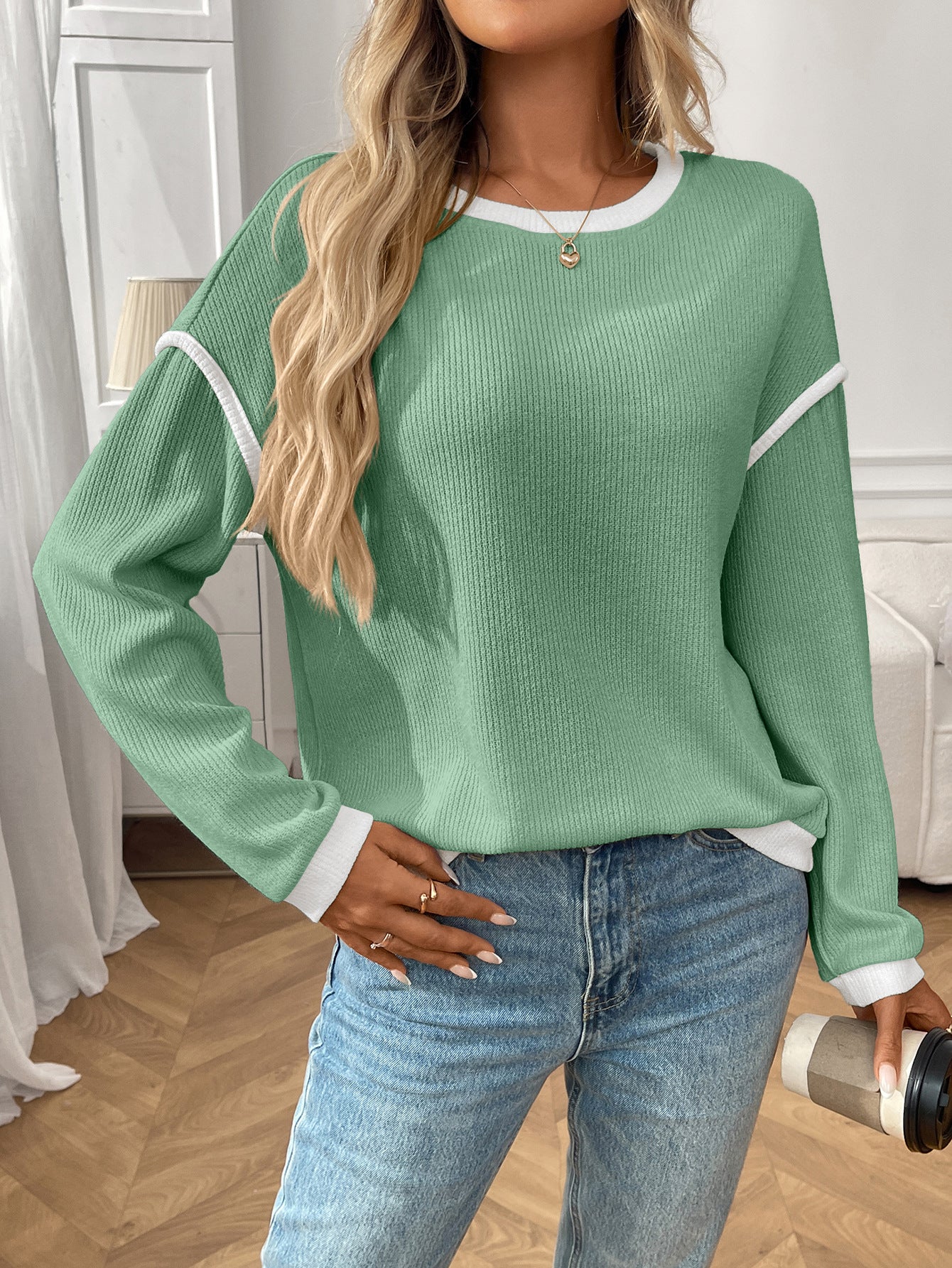 Autumn Winter Women Clothing round Neck Imitation Sweater Long Sleeve Loose Multicolor Top