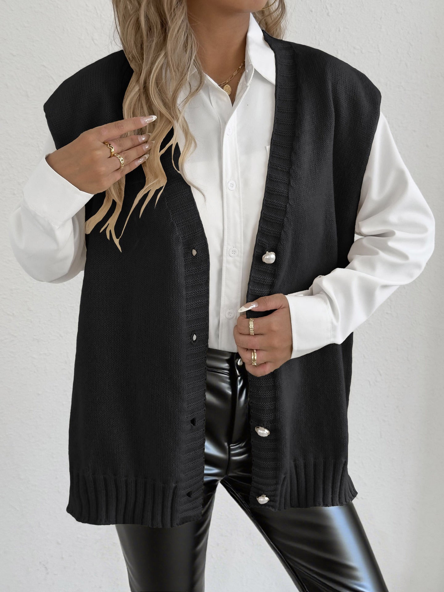 Women Top Autumn Winter Vest Women Clothing Pearl Buckle Loose Casual Cardigan Sweater Vest