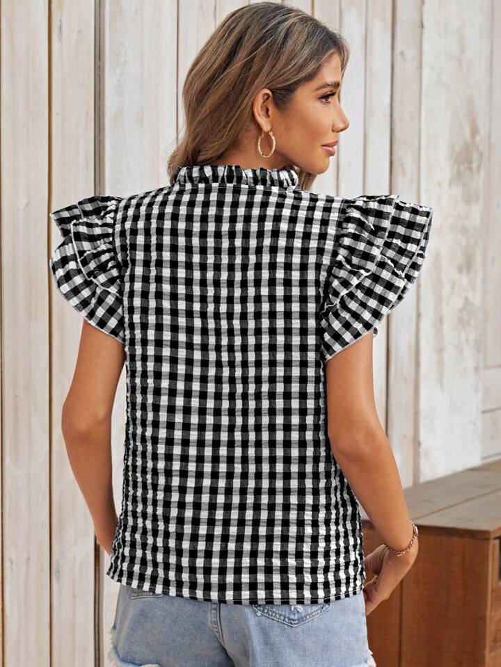 Summer Top Double Layer Ruffled Sweet Cute Women Clothing Plaid Short Sleeve