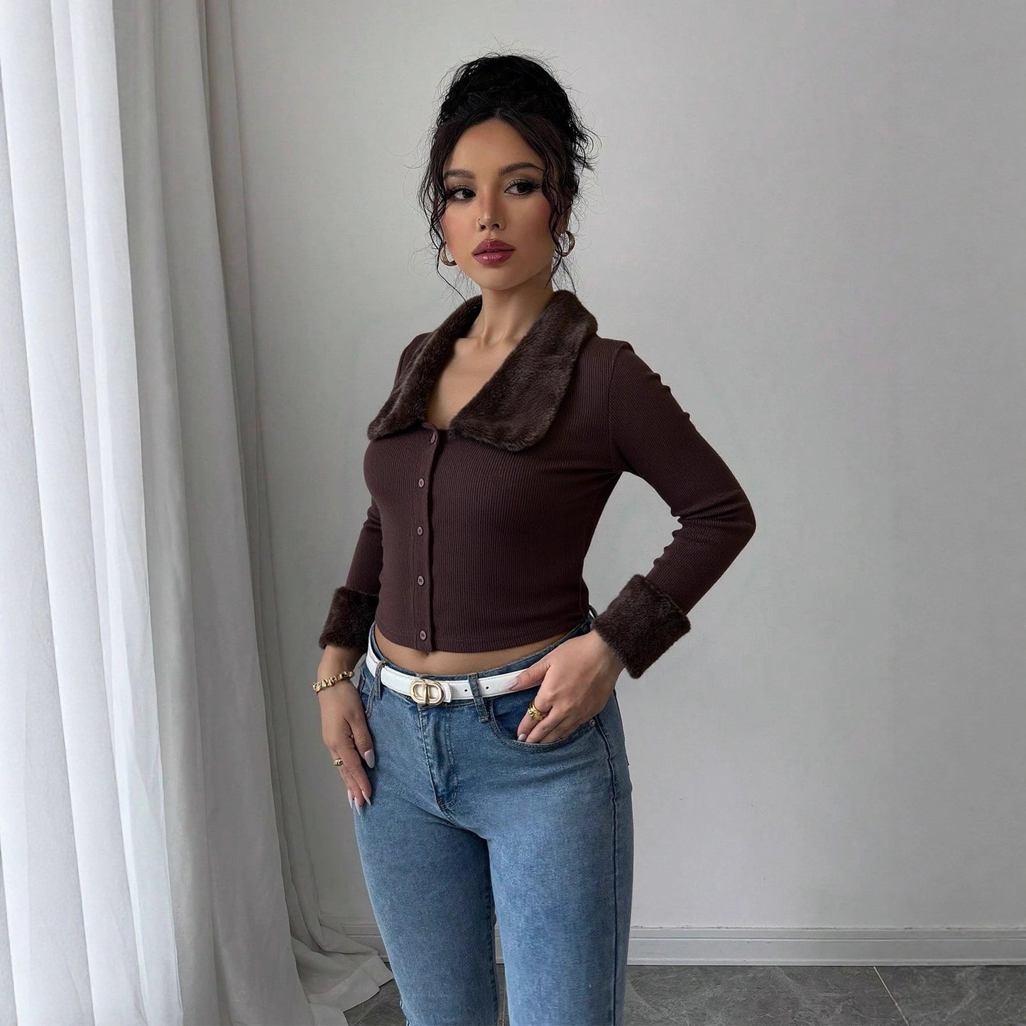 Autumn Winter Sexy Women Top Retro Short Fur Collar Long Sleeve