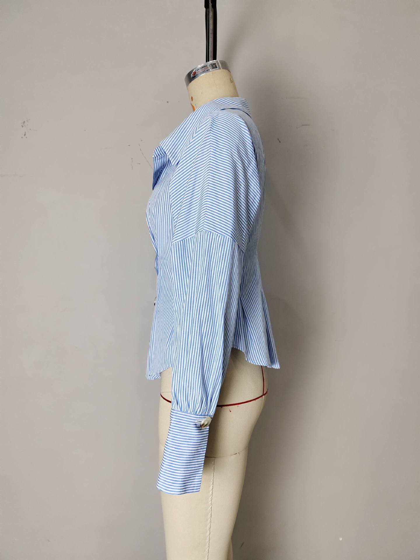 Elegant Shirt Elegant Collared Puff Sleeve Pleated Waist Tight All Match Striped Long Sleeved Top