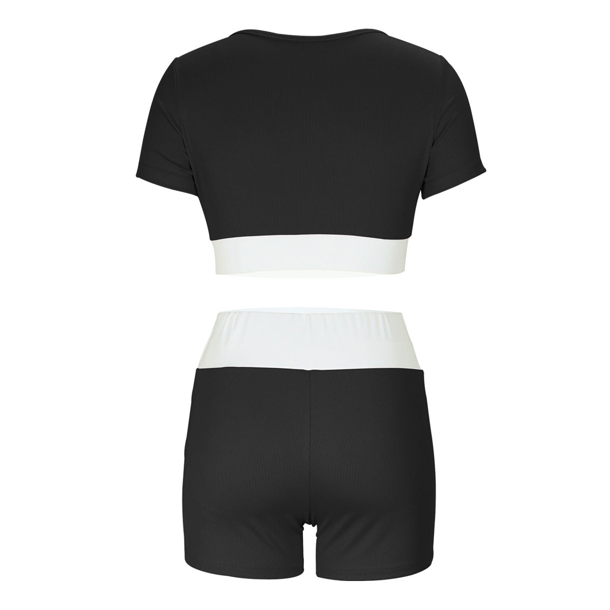 Summer Women Clothing Contrast Color U Neck Short Sleeved Shorts Two Piece Set Sexy Cropped Yoga Suit