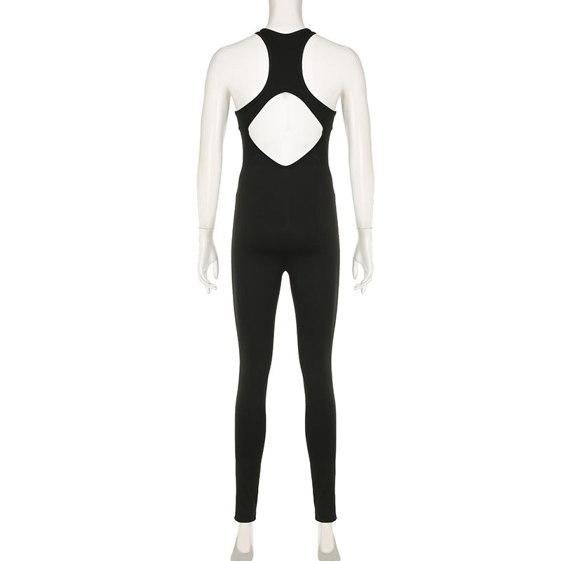 Sports Women Solid Color Yoga Pants Zipper Stitching Hollow Out Cutout Backless Tight Sleeveless One Piece Trousers