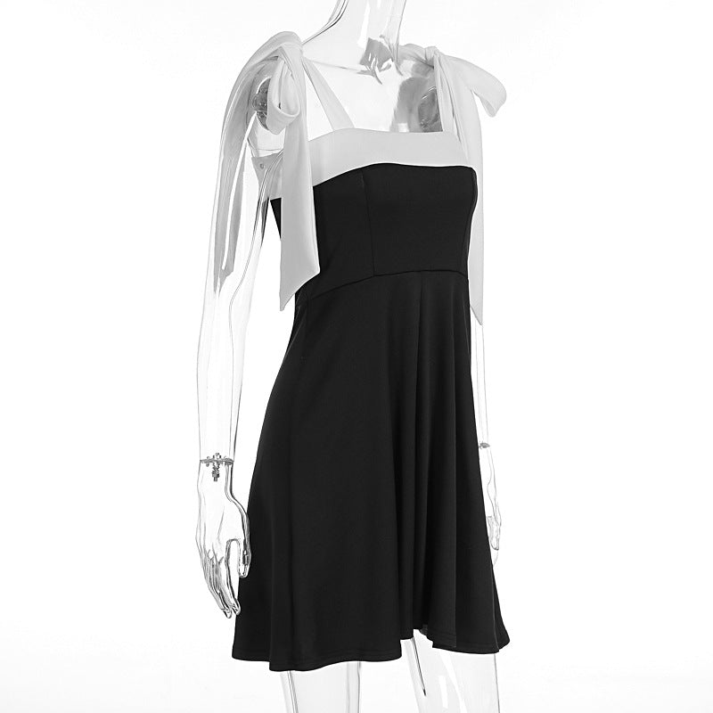 Summer Women Clothing Elegant Stitching Lace up Square Neck Cinched Slimming Dress