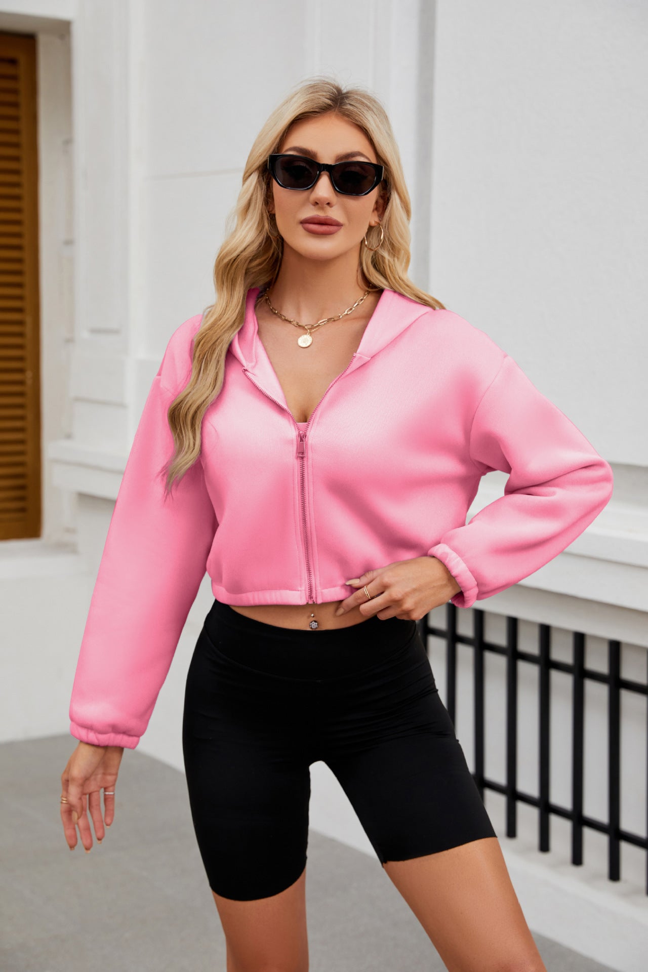 Autumn Winter Zipper Hooded Drawstring Solid Color Short Long Sleeve Sweatshirt Women