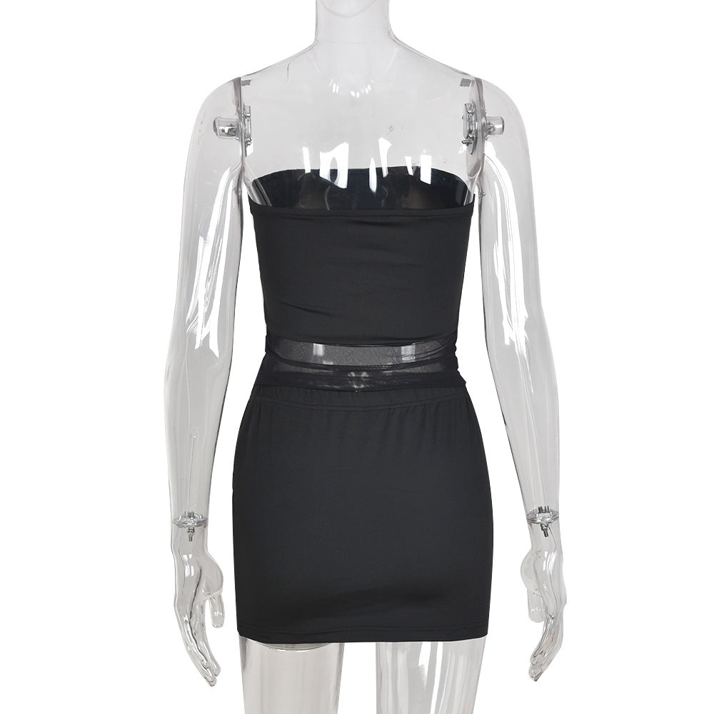 Sexy Women Clothing Hollow Out Cutout Out Cropped Mesh Short Skirt Two Piece Set Women