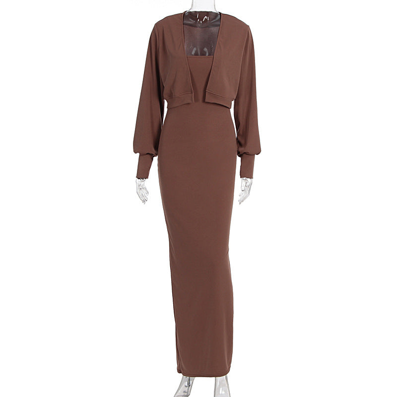 Women Autumn Long Sleeve Top Sexy Pure Want Sheath Dress Two Piece Sets