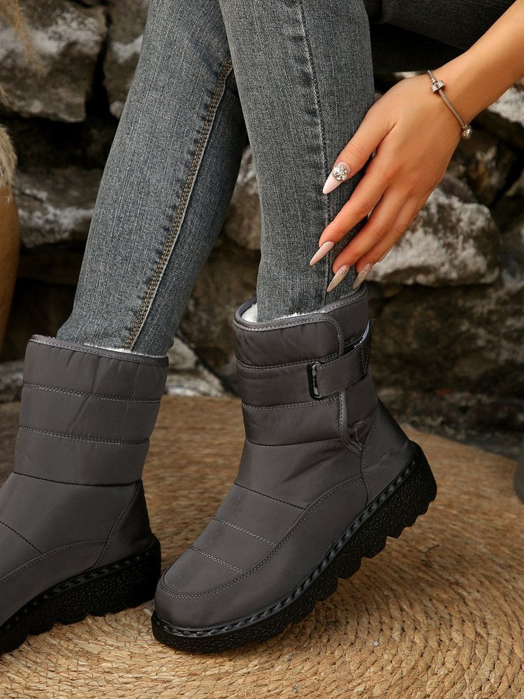 Winter Fleece Lined Warm Slugged Bottom Snow Boots Women Velcro down Cloth Mid Calf Cotton Shoes