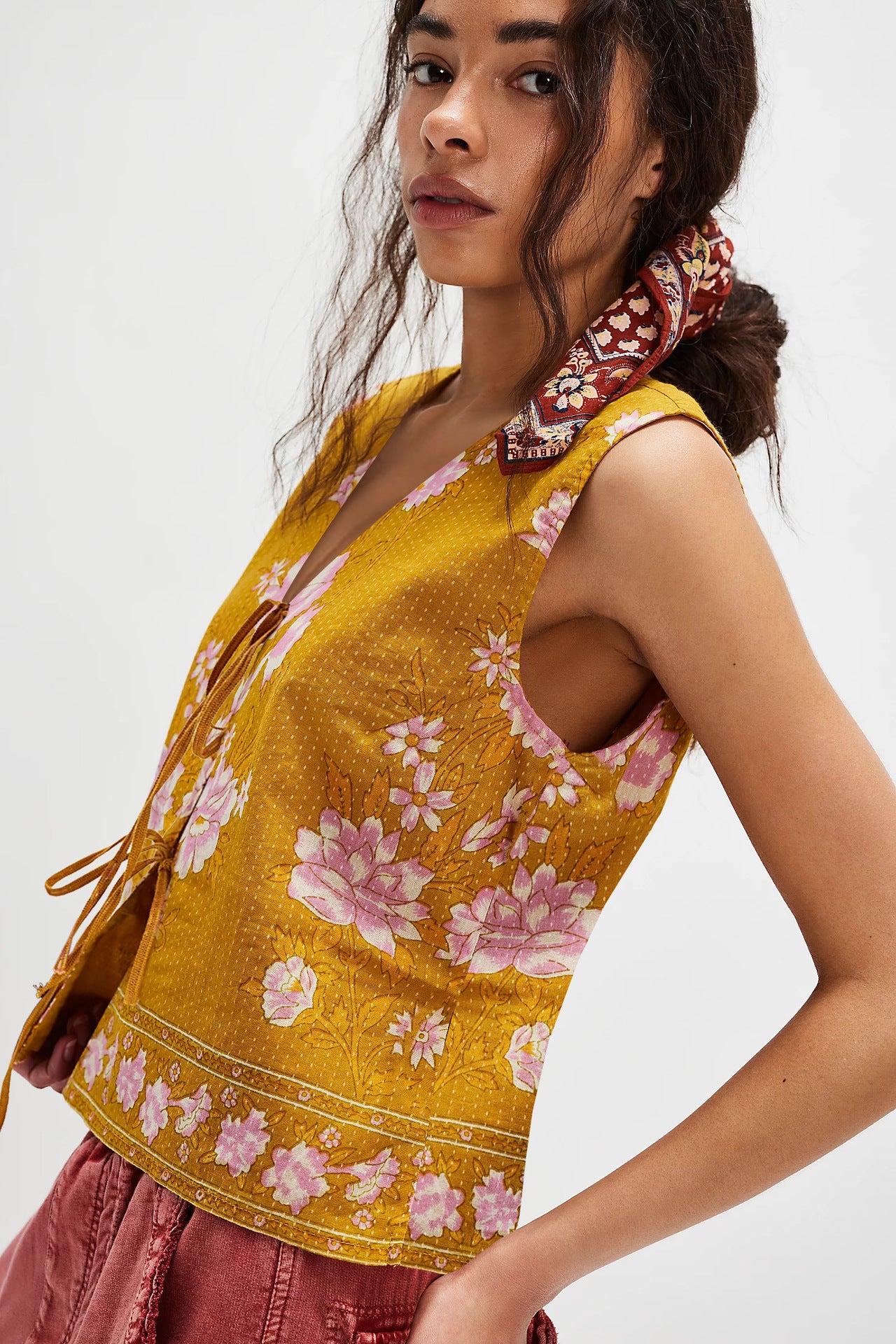 Women Tops Vintage Print Lace up Loose Ladies Vest