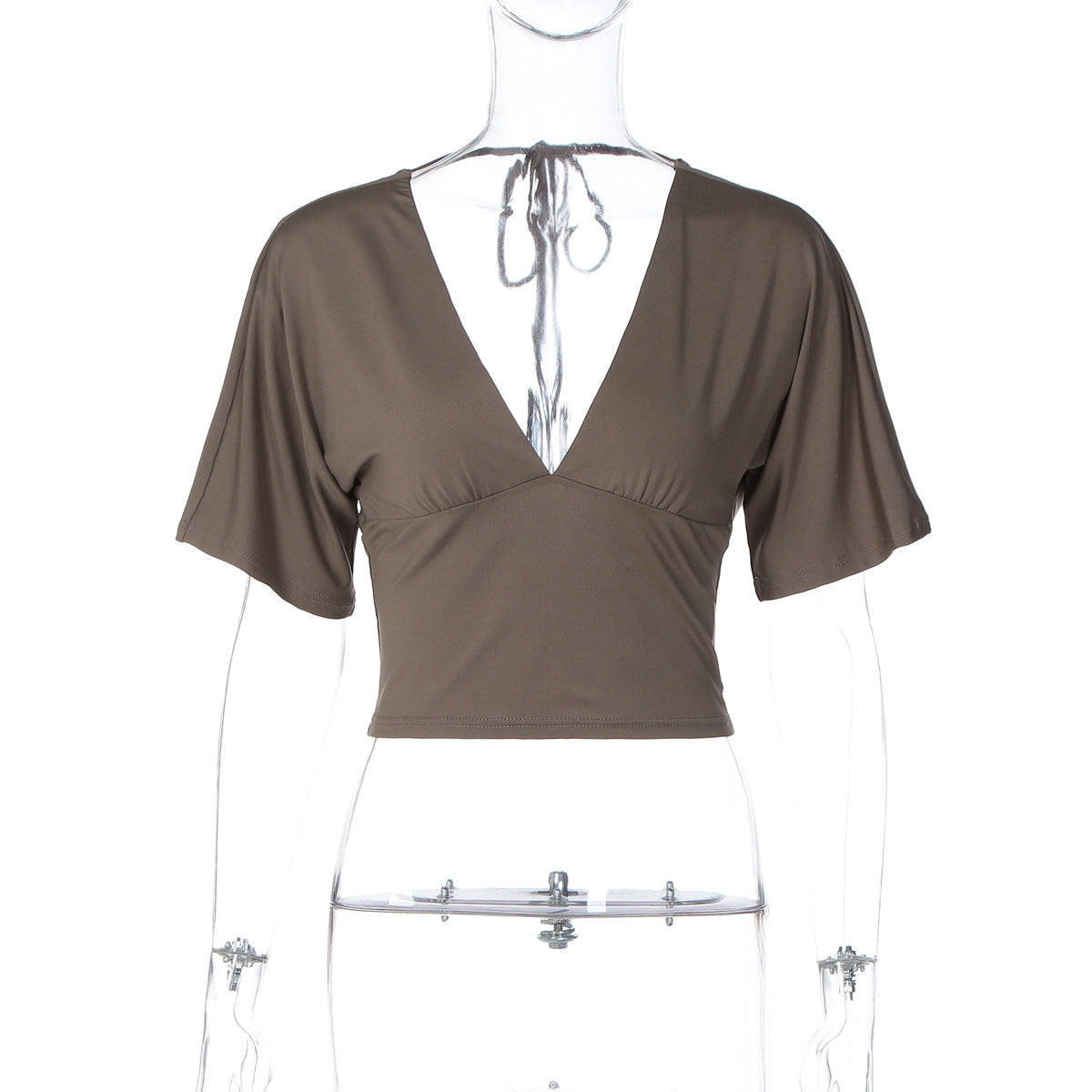 Women Clothing Summer Sexy Low Cut Deep V Plunge neck Solid Color Backless Lace up Half Sleeve T shirt Top